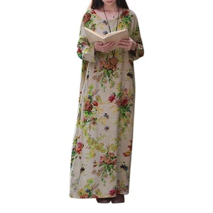 Damen Uebergroesse Vintage Blumendruck Langes Kleid Damen O-Ausschnitt Lang7782 - Bild 1 von 2