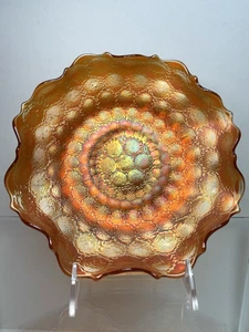 Antique 1915 Fenton Feather Stitch Orange & Marigold Carnival Glass Ruffle Bowl - Picture 1 of 22