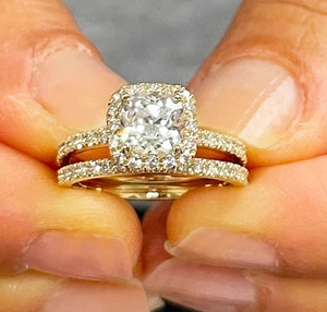 Cushion And Round Cut Moissanite Engagement and Band 14k Cut Yellow Gold 2.00ctw - Picture 1 of 12