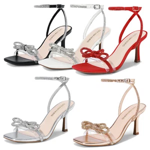Women Ankle Straps Heeled Sandals Bow-knots Rhinestone Wedding Party Sandals - Picture 1 of 47