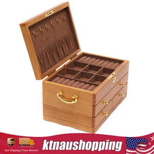 Large Capacity Wooden Jewelry Box 3 Layers W/ Safe Lock Retro Storage Organizer - Picture 1 of 23