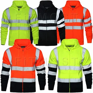 Hi Viz Vis High Visibility Jacket Hoodie Work Zip Hooded SweatShirt Fleece SMLXL - Picture 1 of 6