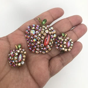 Vintage signierte ART Arthur Pepper AB Strass Apfel bunte Brosche Ohrringe Set - Bild 1 von 11