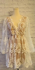 Lace Mesh Floral Plunging Neckline Mini Dress Ivory White Size 8 - Picture 1 of 11