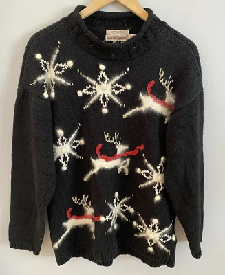 Suéter Pullover Navidad Tejido a Mano Lauren Hansen Mohair Renos Negro M Foto 1 de 4