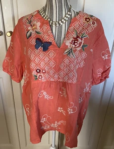 Johnny Was Tivva besticktes Leinen Bauern Top Gr. XL Schmetterling Vogel Neu mit Etikett - 163 - Bild 1 von 8