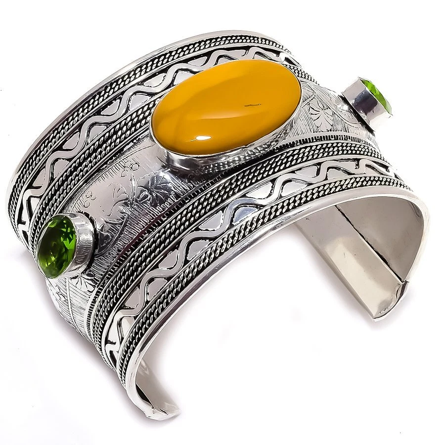 Mookaite, Peridot Gemstone Handmade 925 Silver Cuff Bracelet Adjustable R-845 - Image 1 of 1