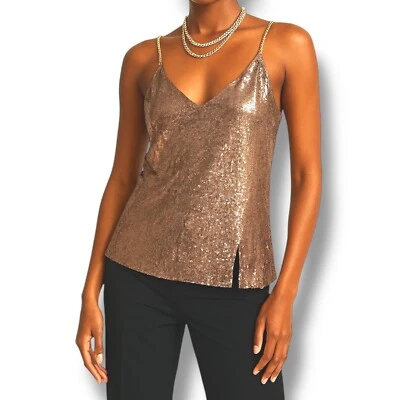 Nuevo con etiquetas Top Bebe Para Mujer XS Oro Rosa Lentejuelas Sin Mangas Y2K Festival Glam NYE Club Foto 1 de 4