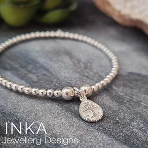 925 Sterling Silver Bead Ball Bracelet Tree Of Life Stretch Stacker By INKA - Picture 1 of 9