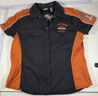 Рубашка женская Harley Davidson XL черная оранжевая с надписью на пуговицах короткий рукав - Изображение 1 из 4