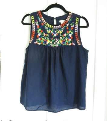 J Crew Linen Blend Embroidered Floral Sleeveless Top Size 10 Blouse Navy Floral - Image 1 of 4