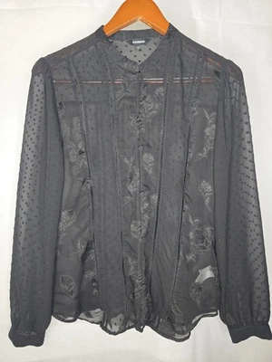 Blusa Express Transparente Negra Encaje Botón Completo Manga Larga Romántica Gótica Pequeña Foto 1 de 4