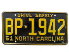 1961 North Carolina Nc License Plate Tag, Bp-1942, Original, Vintage, Nice