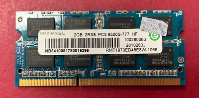 🟥GENUINE RAMAXEL 2GB PC3-8500S LAPTOP RAM MEMORY RMT1970ED48E8W-1066 - Image 1 of 2