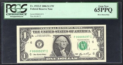 FR. 1933-F 2006 $1 FW FRN ATLANTA, GA “LOW SERIAL #9297” PCGS GEM UNC-65PPQ - Image 1 of 2