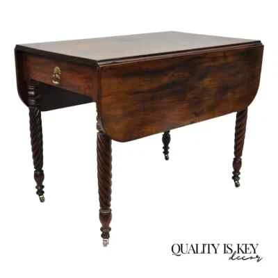 Antique 19th C. Sheraton Mahogany Turn Carved Spiral Leg Drop Leaf Dining Table - Image 1 of 4