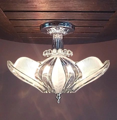 Antique/Vtg Art Deco Nouveau Flower Clear & Frosted Glass Ceiling Light Fixture Cover