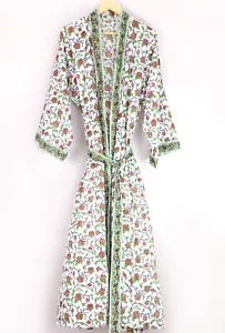 Indian Cotton Long Kimono Hand Block Printed Women's Nightwear Robe Gown - Picture 1 of 4