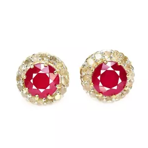 925 STERLING SILVER PIGEON BLOOD RED RUBY AFRICA ROUND CUT GEMSTON STUD EARRINGS - Picture 1 of 8