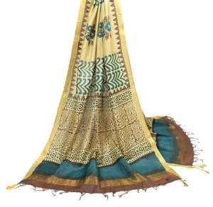 Sushila Vintage Hand Block Printed Dupatta Cream Pure Woolen Shawl Long Stole - Picture 1 of 9