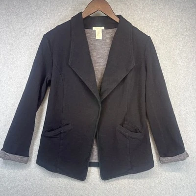 Matty M Blazer Jacket Womens Medium Black 100% Cotton Open Front Rolled Sleeves  - Image 1 of 4