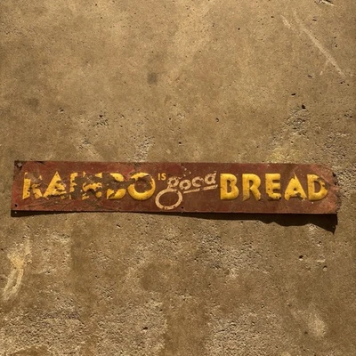 Vintage Rainbo Bread Shelf Sign 18” Red Yellow Embossed Advertising - Image 1 of 4