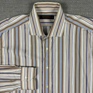 Etro Milano Men's Shirt 42 16.5 Long Sleeve White Blue Regular Fit Striped Italy - Picture 1 of 6