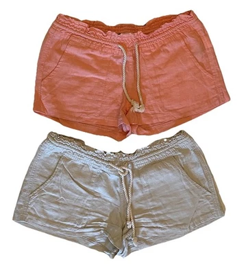 Par de Pantalones Cortos para Mujer Roxy Mezcla de Lino-Naranja/Beige-Talla Pequeña-Cintura Elástica Foto 1 de 4