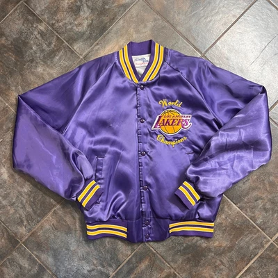 Vintage Chalk Line Los Angeles Lakers Purple Satin Snap Bomber Jacket Large - Image 1 of 4