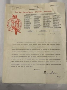 1893 De Grimm-Wilson Pictorial Syndicate Letter Owl Logo NYC Newspaper Ephemera - Picture 1 of 2