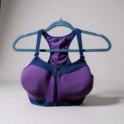 Wacoal Purple Blue Zipper Front High Impact Sports Bra Racerback Mesh Size 38DDD - Image 1 of 4