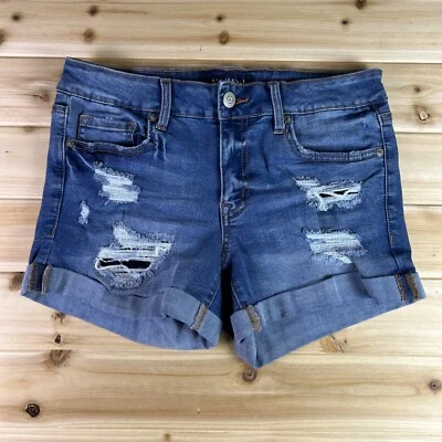 Aeropostale Jean Shorts Womens 8 Low Rise Midi Distressed Cuffed Blue Jean Denim - Image 1 of 4