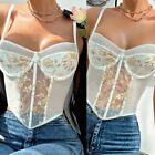 Women Mesh Embroidery Camisole Top Fishbones Tanks Top Spaghetti Strap Crop Tops