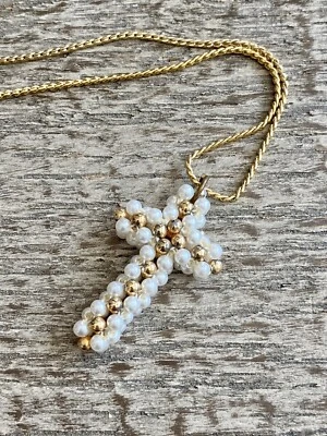 "Collar de cadena torcida colgante cruz con cuentas y cuentas de oro disfraz 23""" Foto 1 de 4