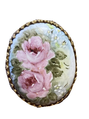 Hand Painted Brooch Roses Ceramic Oval Vintage Gold Pin Estate Piece - Image 1 of 4