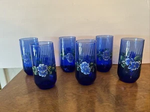 Set of 6 Vintage Tumbler Glass Hand Painted Floral Vibrant Blue-4 3/4 Tall - Picture 1 of 5