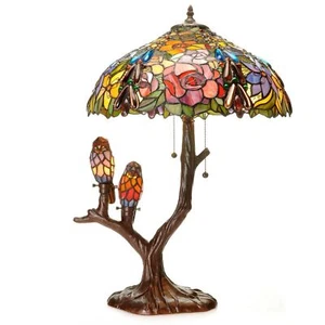 Tiffany Lamp Floral Bouquet Tree with Perched Birds on Branched Base Table Lamp - Picture 1 of 1
