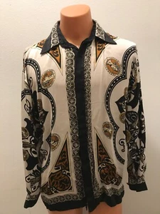Rare Vintage Metallic Satin Silk Men's Button Up Baroque White/Black/Gold Shirt - Picture 1 of 9