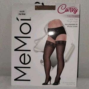 MeMoi  Plus Size 1X 2X Curvy Thigh High Lace Top Stocking City Beige Silky Sheer - Picture 1 of 8