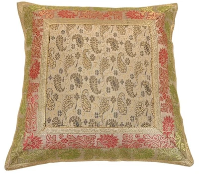 12x12 Inch Indian Woven Zari Brocade Banarasi Silk Paisley Floral Cushion Covers - Image 1 of 3