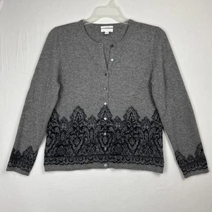 Charter Club 100% 2 Ply Cashmere Gray Black Cardigan Sweater Large classic fall - Picture 1 of 8