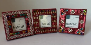 Vintage Y2K Set Of 3 Sparkly Glam Rhinestone Miniature Picture Photo Frames 2x2” - Picture 1 of 12