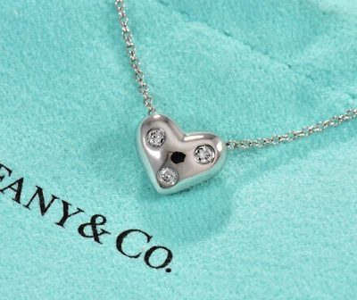 19" Tiffany & Co Diamond Platinum Etoile Heart Pendant Necklace & Box Pouch Rare - Image 1 of 4