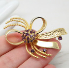 Vintage Purple Crystal Rhinestone Gold Woven Rope Ribbon BROOCH Pin Jewellery