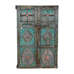 Antique Painted Teal & Rose Indian Teak Doors Pair 175cm Gujarat 1880s - Picture 1 of 4