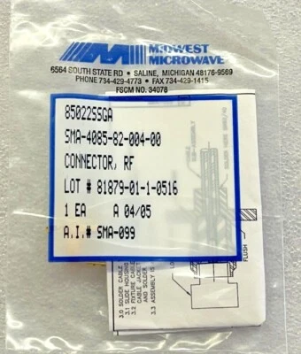 85022SSGA SMA-4085-82-004-00 MIDWEST MICROWAVE, RF COAXIAL PANEL MOUNT CONNECTOR - Image 1 of 3