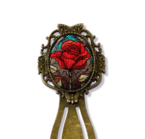 Faux Stained Glass Red Rose Handmade Bookmark Book Lovers Metal Glass - Picture 1 of 4