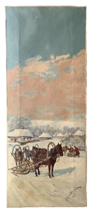 TROIKA SNOW VILLAGE LANDSCAPE EASTERN EUROPE ANTIQUE OIL PAINTING SIGNED c.1908 - Picture 1 of 23