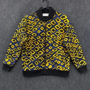 Etre Cecile Womens Large Full Zip Bomber Jacket Blue Yellow Geometric Pockets - Picture 1 of 14