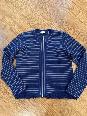 KINROSS Navy Stripe Textured Fringe Zip Cardigan. Size Large - Image 1 of 4